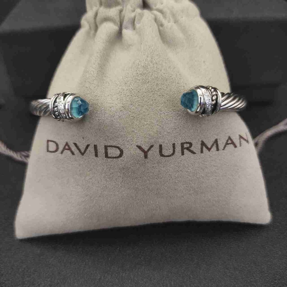 David Yurman 5mm Sterling Silver Cable Cuff Bracelet with Blue Topaz & Diamonds - Picture 2 of 7